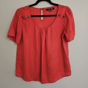 Forever 21 Coral Red Orange Blouse Button Crown Accents Career Flowy Medium